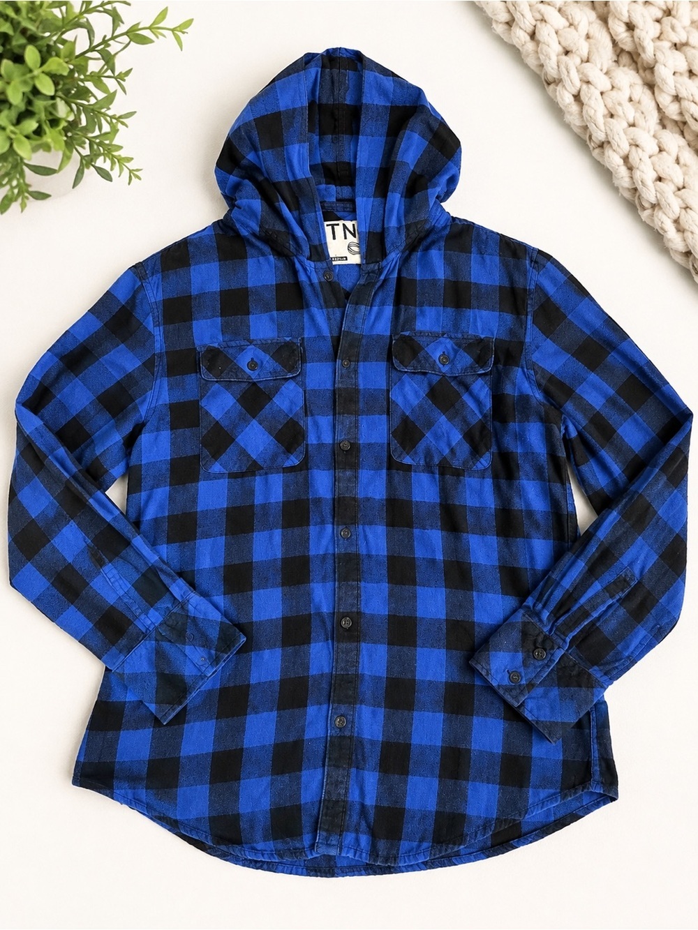 Aritzia TNA Blue Black Buffalo Plaid Hooded Flannel Shirt Jacket M